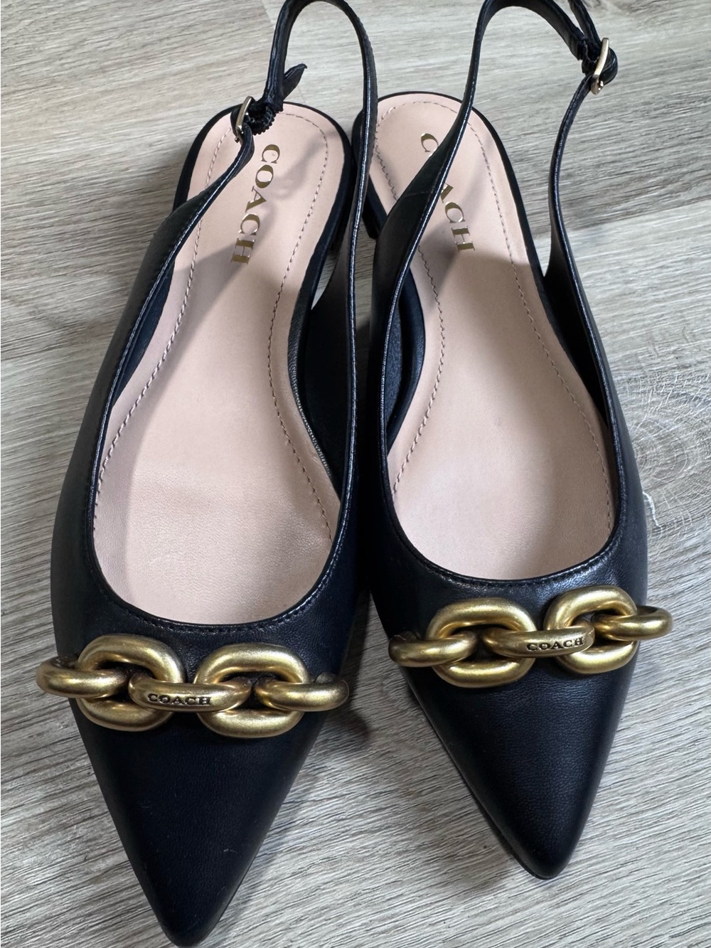 Coach Black Leather Pointed Slingback Flats with Gold Chain Accent